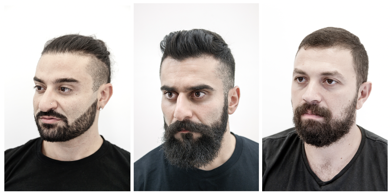 Three portraits of bearded men.