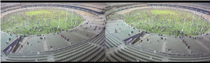 Two images of a stadium with fans.