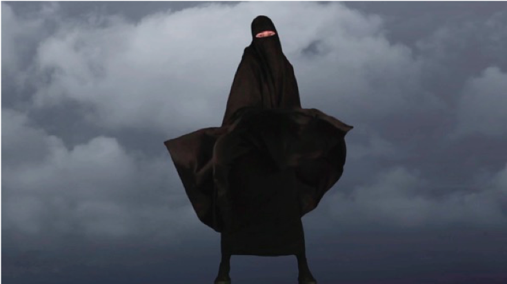 Figure wearing black burqa, blowing in the wind.