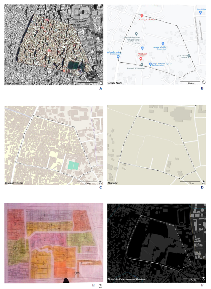 Six different maps and visuals of Shatila