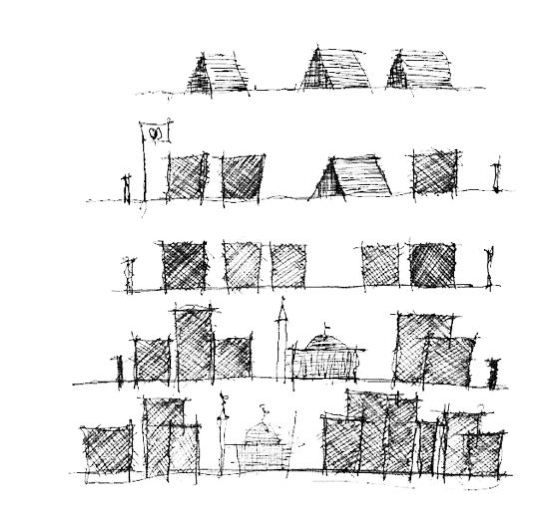 Drawing of many different dwellings and structures