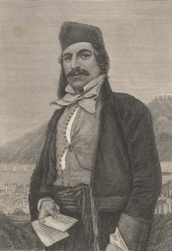 Drawing of Gregory Wortabet. He has a mustache and hat, and is holding letters in his hand. He is seated against a backdrop with the ocean and mountains.